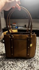 Brahmin Brown Embossed Satchel Double Handles Zip Gold Bag Charm Classic Clean picture