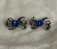 Vintage 1930s Hobé Sterling Silver Bow Shoe Clips Blue Glass Rhinestone Art Deco picture