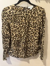 H&M Women Leopard Animal Print Smocked Button Back Blouse Round Neck 6 picture