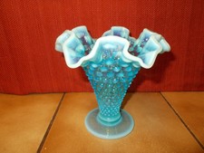 Fenton Vintage Blue Opalescent Glass Hobnail Ruffled Trumpet Vase 5.5in picture