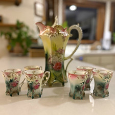 Antique R.S. Prussia Chocolate Pot Set - Authentic Red Wreath Mark 7pc Set Roses picture