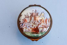 Rare 18th C Battersea Bilston Enamel Patch Trinket Box Navy Battle Warship picture