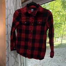 Falls Creek Boys Size 10-12 Red/Black Plaid Long Sleeve Collared Button-Up Shirt picture