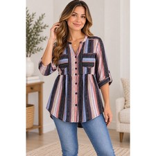Torrid Size 0 L Striped Button Front Blouse Multicolor Tab Sleeve Peplum picture