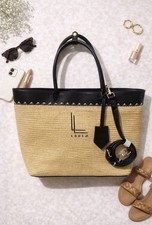 LOULUS Beige Black Tote Bag Embroidered Logo Detachable Strap Gold Hardware picture