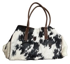 VTG Maurizio Taiuti Cowhide Leather Tote Bag Purse Black White Cow Print Italy picture