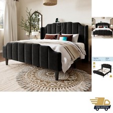Elegant Vintage Queen Velvet Platform Bed Frame with Charging Station, Black picture