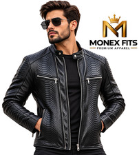Men’s Black Genuine Leather Biker Jacket Python Embossed Motorcycle Cafe Racer picture