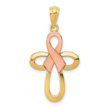 Pink Ribbon Cross Pendant Charm 30mm 14k Two-tone Gold Religious Solid picture