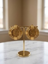 Vtg CAROLEE Signed Gold Tone Roman Coin Clip On Earrings 1980s Statement Runway picture
