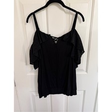 Torrid 2 2X Black Super Soft Cold Shoulder Eyelet Ruffle Crop Top 40265067 picture