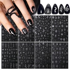 8 Sheets Metallic Nail Art Stickers Decals Silver Moon Star Sun picture