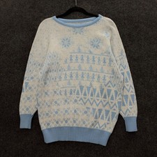 Vintage 70s Scenic Winter Knit Sweater Blue White Large Acrylic picture