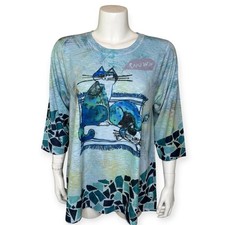 Inoah Women's Cat Print Top Tunic L 3/4 Sleeve A-line Swing Graffiti Art Blue picture