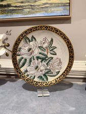 Antique Hand Painted Magnolia Plate Green Gold Border Floral 10” picture
