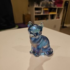 Fenton Iridescent Misty Ice Blue Carnival Glass Sitting Kitty Cat Figurine picture