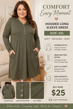 DOUBLJU Women’s 3XL Olive Long Sleeve Hooded Henley Mini Dress Snap Front picture