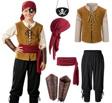 Kids Pirate Costume Medieval Renaissance Boys Pirate Captain Shirt Vest Pants Ac picture