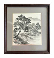 VTG Japanese Sumi-e Original Landscape Painting Framed Wall Art Signed Stamped picture