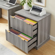 30.2 in Wide 2-Drawer Fluted Lateral Filing Cabinet with Outlet, Light Gray picture