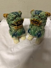 Vintage Pair Green Glazed Ceramic Foo Dogs Shishi Lions Chinoiserie Figurines⁠ picture