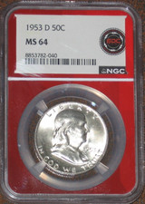 1953 D Silver Franklin Half Dollar NGC MS64 Red Core White coin 50c Grade 90% picture