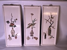 3 ANTIQUE Oriental ASIAN Wooden PANELS WHITE Lacquer JADE  Flower picture