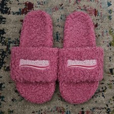 Balenciaga Women's Pink Shearling Logo Slide Sandals Slip-On Rubber Sole picture