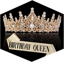 Fesciory Birthday Crown for Women, Gold Plated Crystal Tiara with Sash picture