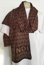 Fendi Scarf 100% Wool Wrap Brown Stole FF Logo Muffler picture