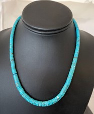 Blue Turquoise Heishi Stabilized Graduated Navajo Sterling Silver Necklace 01184 picture
