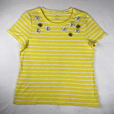 Talbots Women’s L Yellow/White Striped Knit Crew Tee Floral Beaded Embellished picture