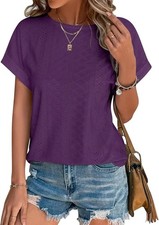 Womens Eyelet Embroidery Top Short Sleeve Curved Hem Loose Fit Summer T Shirt picture