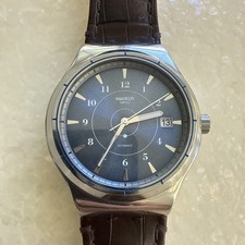 Swatch swiss lAutomatic Wristwatch Blue Dial Date Brown Leather Strap Silver picture