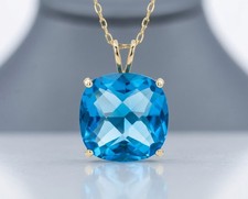 Checkerboard BLUE TOPAZ  7.86 Cts PENDANT 14k SOLID GOLD  12mm- MADE IN USA -NWT picture