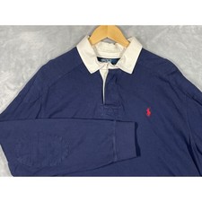 Vintage 90s Polo Ralph Lauren Men XXL Blue Long Sleeve Rugby Shirt Elbow Patches picture