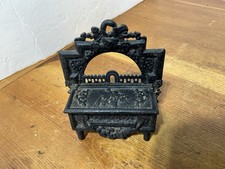 ANTIQUE 19th C. 1871 CAST IRON MATCH SAFE HOLDER Stove Box Fireback W/ Legs RARE picture