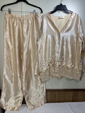 Vintage Liquid Satin Pajamas Lounge Set Large Silkie Sheer Glossy Lace Top Pants picture
