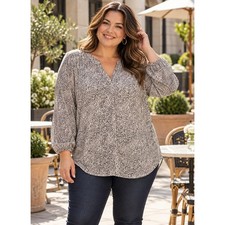 NYDJ Black White Leopard Print Long Sleeve Split Neck Blouse 2X picture