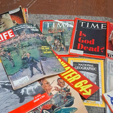 Large Lot Of Vintage Newspapers, Life Mags. Time Mag And 1960s Political Sticker picture