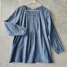 J. Jill Top Womens Size Large Embroidered Flowers Uncommon Threads Blue Henley picture