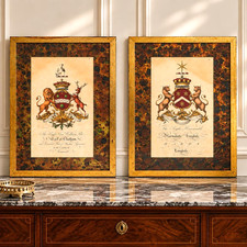 Pair Antique 19th Century Hand Colored Heraldic Engravings English Coat of Arms picture