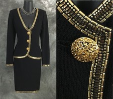 BEAUTIFUL St John evening knit black gold rhinestones embellished skirt suit 6 picture