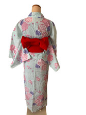 Japanese Yukata Summer Kimono Light Blue Pink Rose Floral Pattern with Red Obi picture