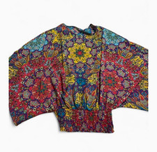 Women’s Multicolor Paisley Balloon Long Sleeve Smocked Waist Pullover Blouse picture