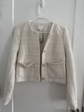 H&M Pearl Embellished Tweed Jacket White Cream Cropped Blazer Size Small NWT picture