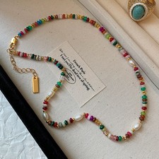 Premium Assorted Gemstone Rainbow Women Necklace Natural Freshwater pearl Choker picture