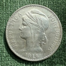 1914 Portugal 50 Centavos Low Mintage KM-561 Almost Unc+ .835 Ag  picture