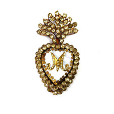 5.5in Sacred Heart Ex Voto Locket Ornament, Mother of Pearl Rhinestone Milagro picture