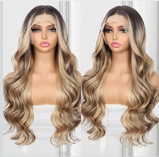 Brown Blonde Ombre Wig HD Front Lace Human Hair Blend Highlights  Wavy Curly picture